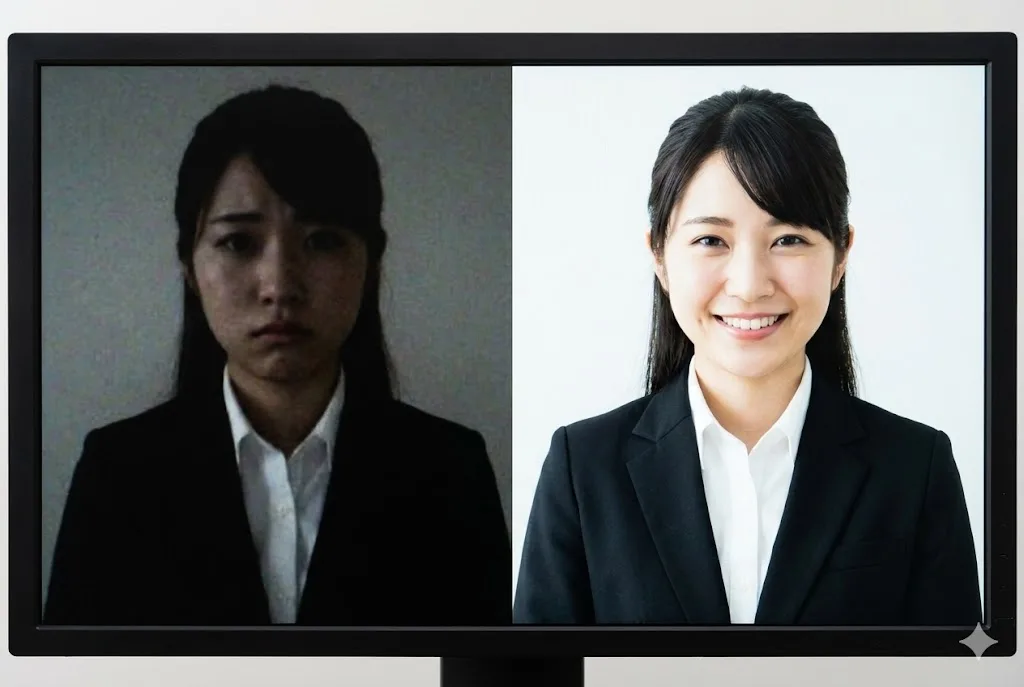 Web面接の画質比較。左側は暗くノイズがあり表情が暗く見える学生、右側は明るく高画質で自信に満ちて見える同一人物の日本人女子大学生の分割画面。