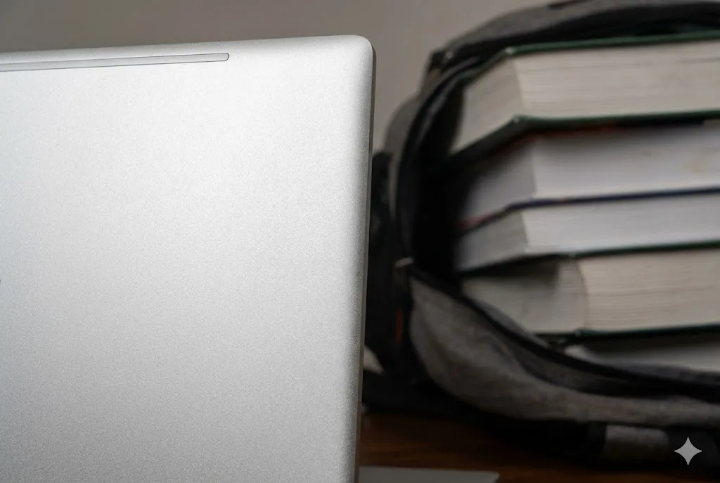 HP OmniBook 7 Aero 13の堅牢なマグネシウム合金の筐体表面のクローズアップ写真。背景には分厚い医学書が詰まった重そうな学生用リュックサックがある。