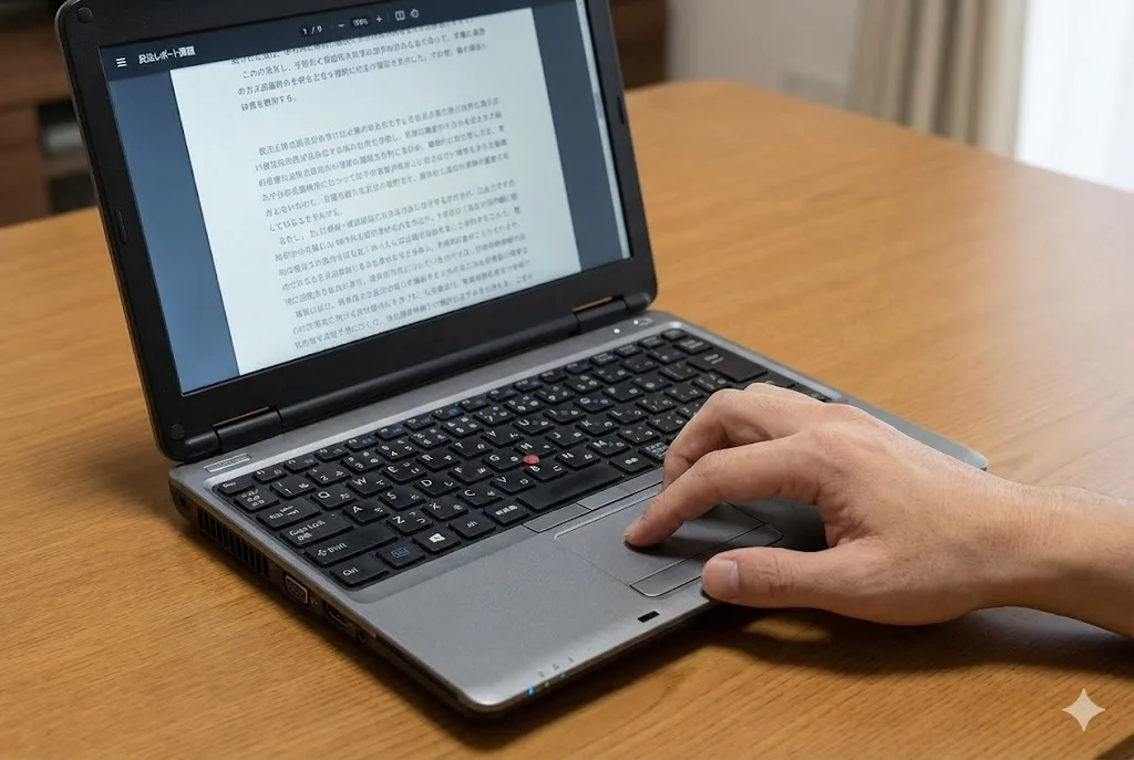 ノートパソコンの狭い画面で「民法レポート課題」のPDFドキュメントが表示され、上下が切れているため、イライラしながらタッチパッドを激しくスクロールしている日本人の手のクローズアップ写真。