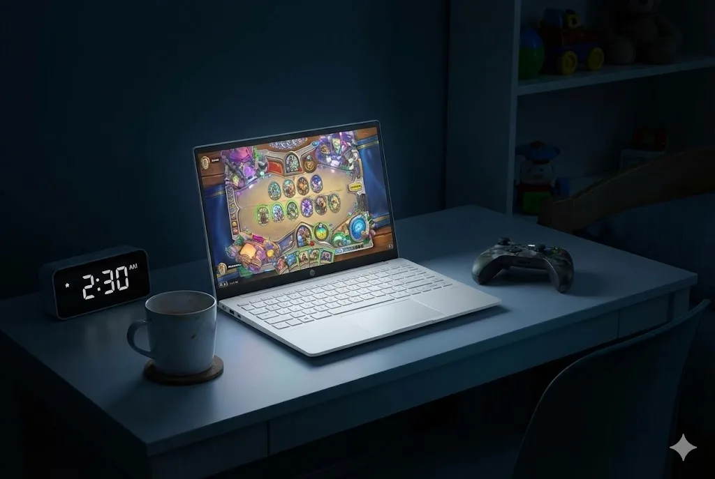 深夜2時半の子供部屋。HP OmniBook 7でゲームが起動したままで、そばにはコントローラーがある。親の目が届かない時間帯の「隠れ利用」のリスクを暗示している。