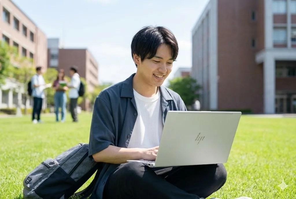 大学の芝生で、電源に繋がずにHP OmniBook 7 Aero 13を長時間使用し、リラックスして作業する男子学生。