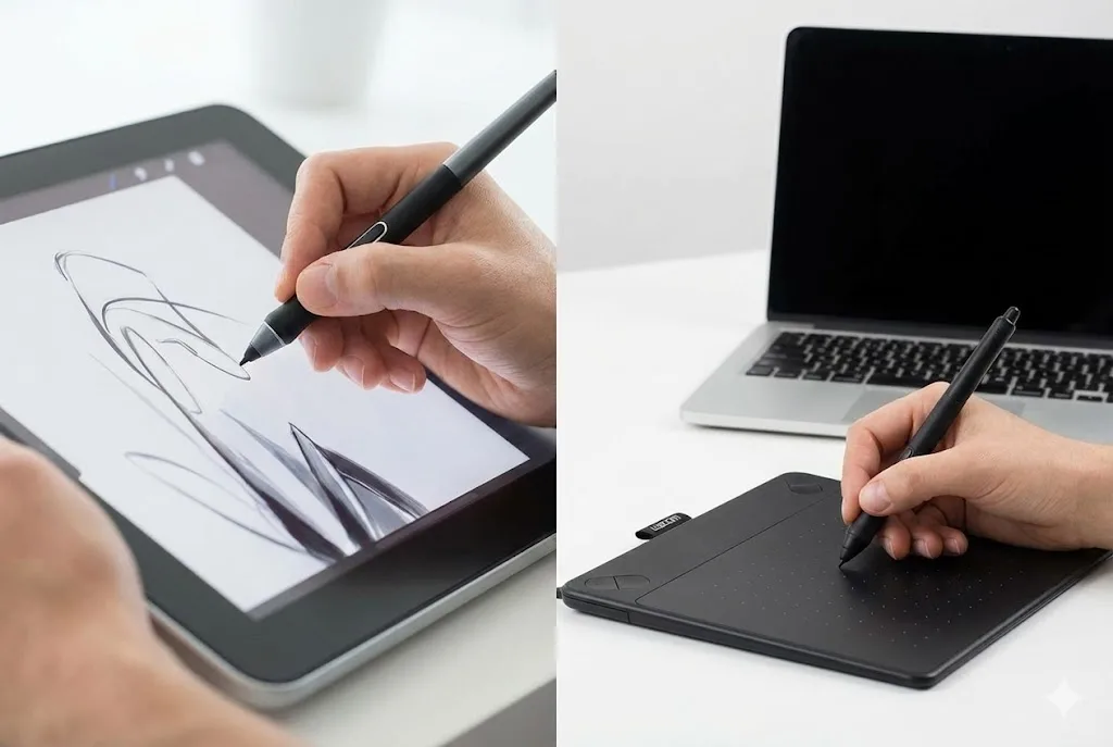左側はタブレットの画面に直接ペンで描いている手元のクローズアップ、右側は板型ペンタブレットで描きながら視線は別画面に向いている手元の比較写真。