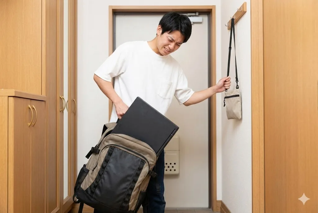 玄関で重いノートPCが入ったリュックを持ち上げようとして顔をしかめ、軽いサコッシュの方へ手を伸ばし躊躇する男子学生。