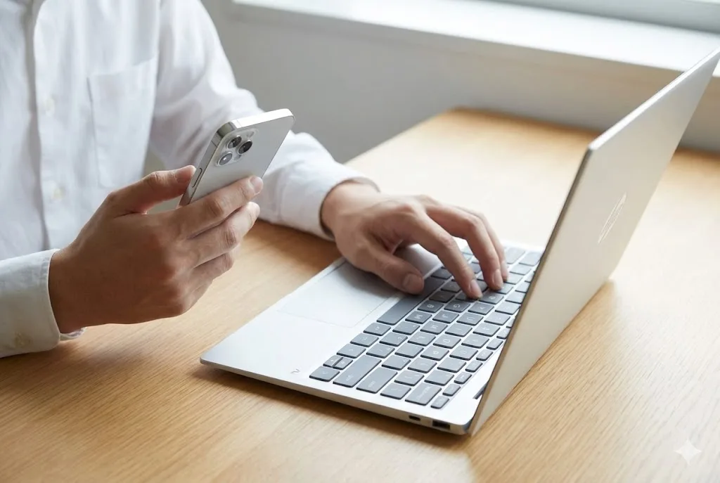 木製デスクでiPhoneを片手に持ちながら、もう一方の手で白いHP OmniBookノートパソコンのキーボードを操作する大学生の手元のクローズアップ。