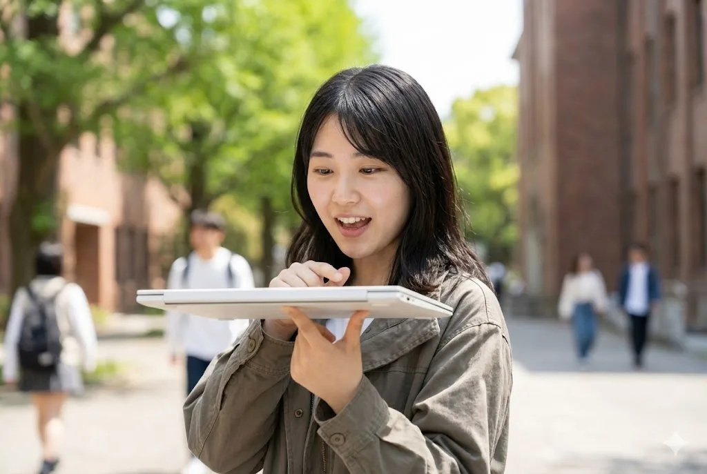 大学のキャンパスで、日本の女子学生が白いHP OmniBook 7 Aero 13ノートパソコンを指先だけで軽々と持ち上げ、その軽さに驚いた表情を見せている。背景は新緑の並木道と校舎が柔らかくぼけている。