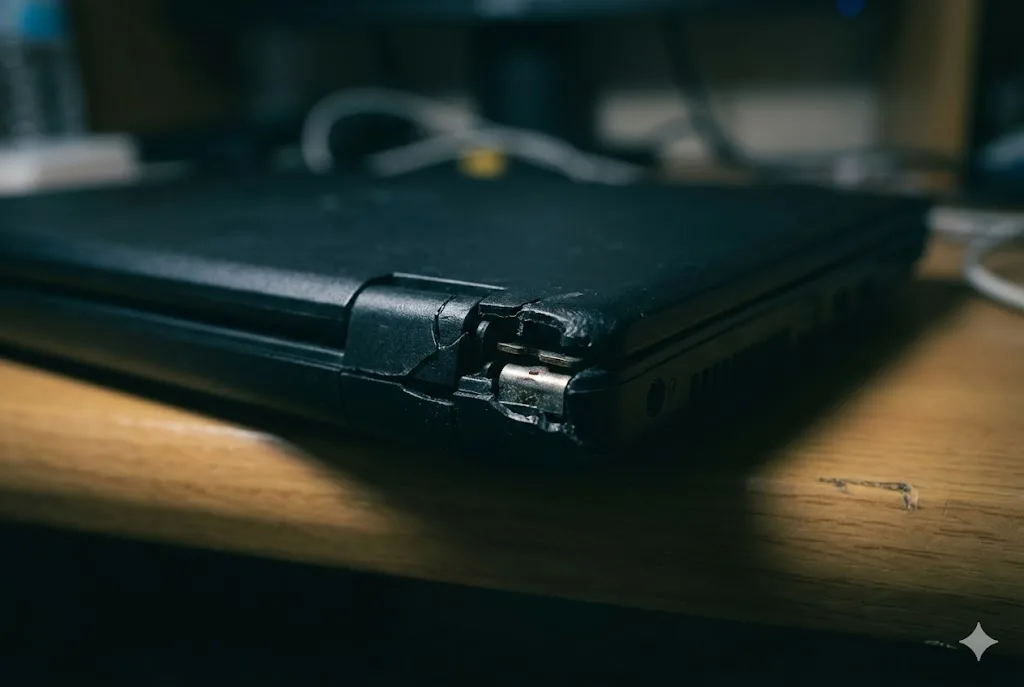 薄暗い学生の部屋の机に置かれた、ヒンジ部分が破損して内部が見えている黒いプラスチック製の安価なノートパソコンのクローズアップ写真。