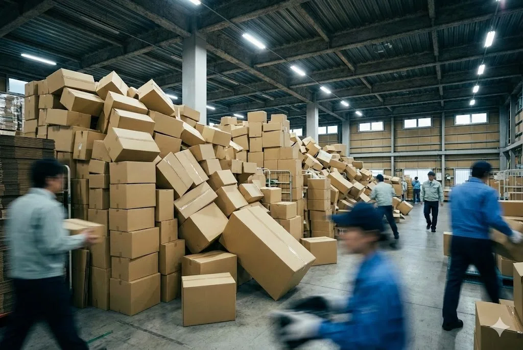 巨大な物流倉庫内で、崩れそうなほど山積みになった段ボールの山と、忙しく動き回る作業員の様子。配送遅延の深刻さを象徴している。