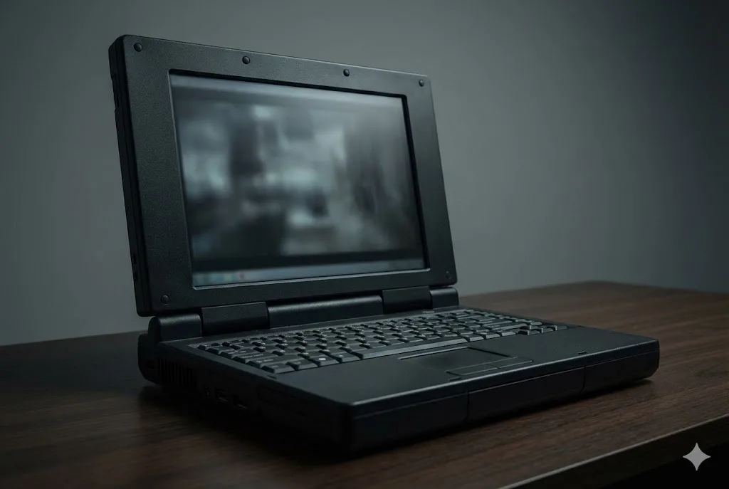 暗い机の上に置かれた、画面が暗く古そうな黒いプラスチック製の厚いノートパソコン。