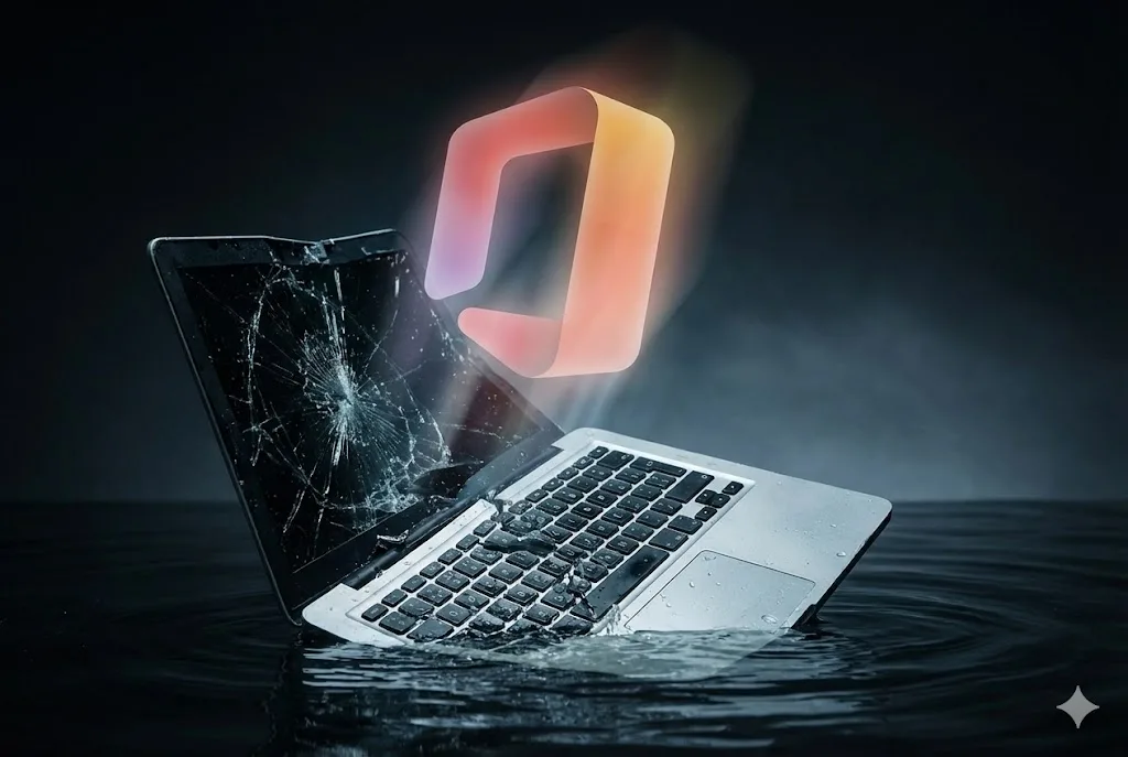 水没して画面が割れたノートパソコンから、Microsoft Officeのロゴが抜け出していく様子。