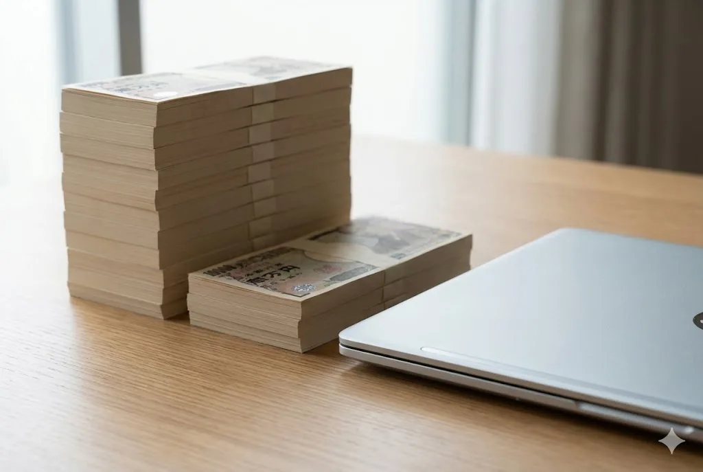 薄型のシルバーノートパソコンの横に、高さの異なる二つの札束（日本円）が積まれ、同じPCでも購入方法によって大きな価格差がある様子を表現している。