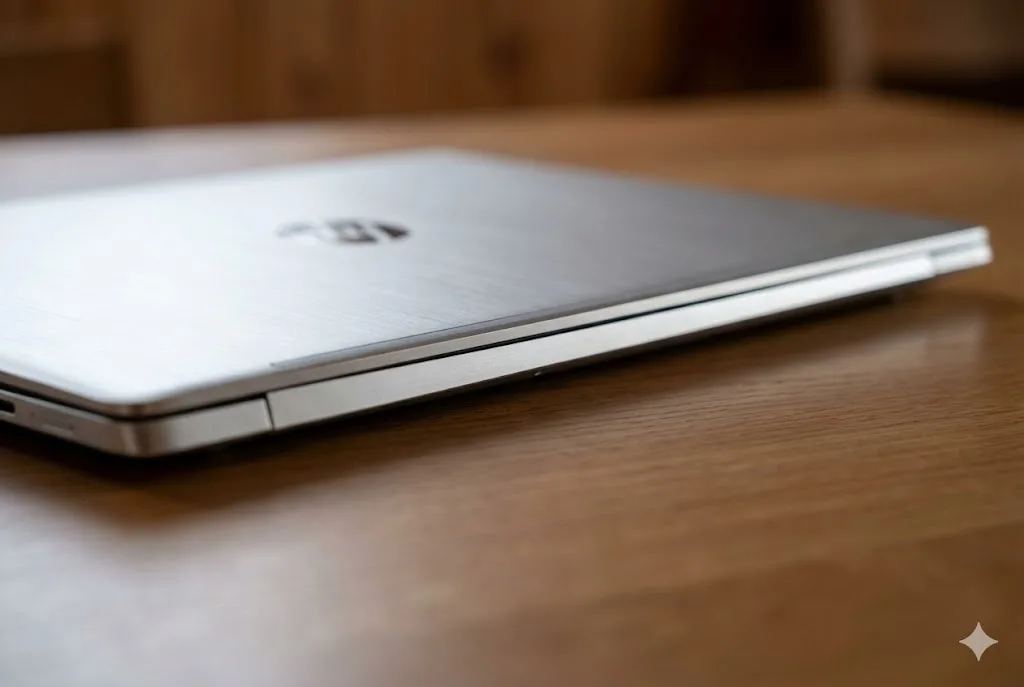 木の机の上に置かれた、薄型でプレミアムな質感を持つシルバーのHP OmniBookノートPCのクローズアップ