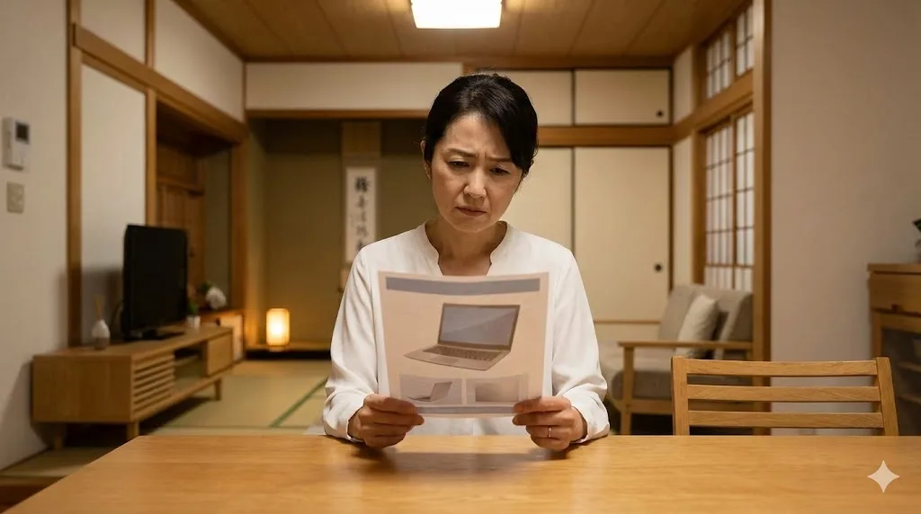 和室のリビングで、安価なノートパソコンのチラシを見つめながら不安そうな表情を浮かべる日本人女性。