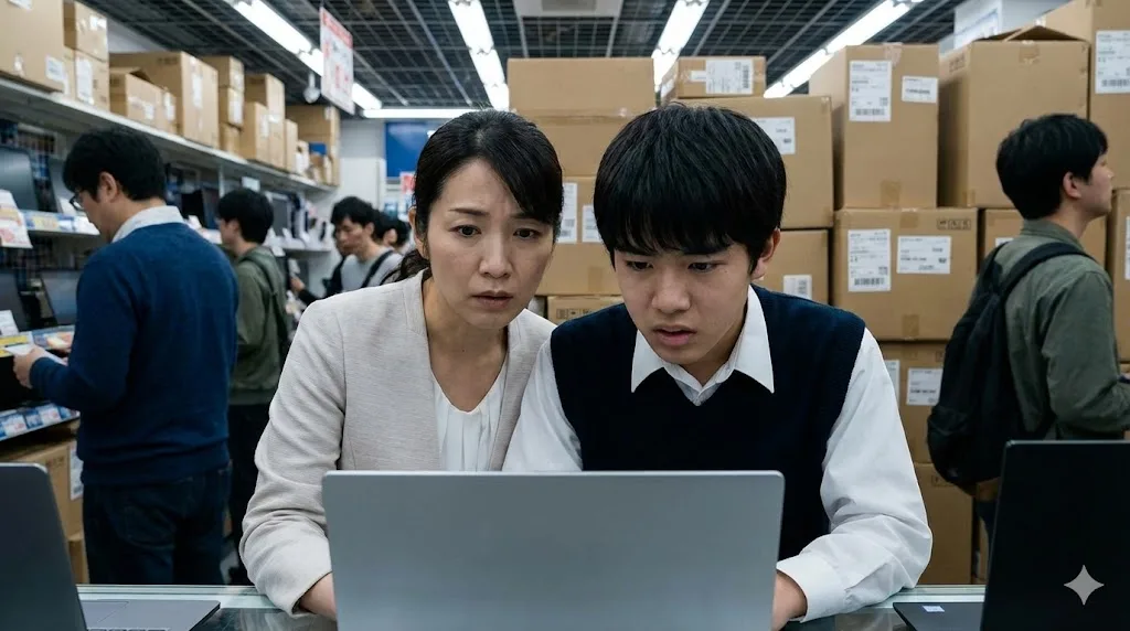 家電量販店のノートパソコン売り場で、画面を見ながら不安そうな表情を浮かべる日本人の母親と男子学生。背景には配送遅延を示唆する段ボールの山がある。