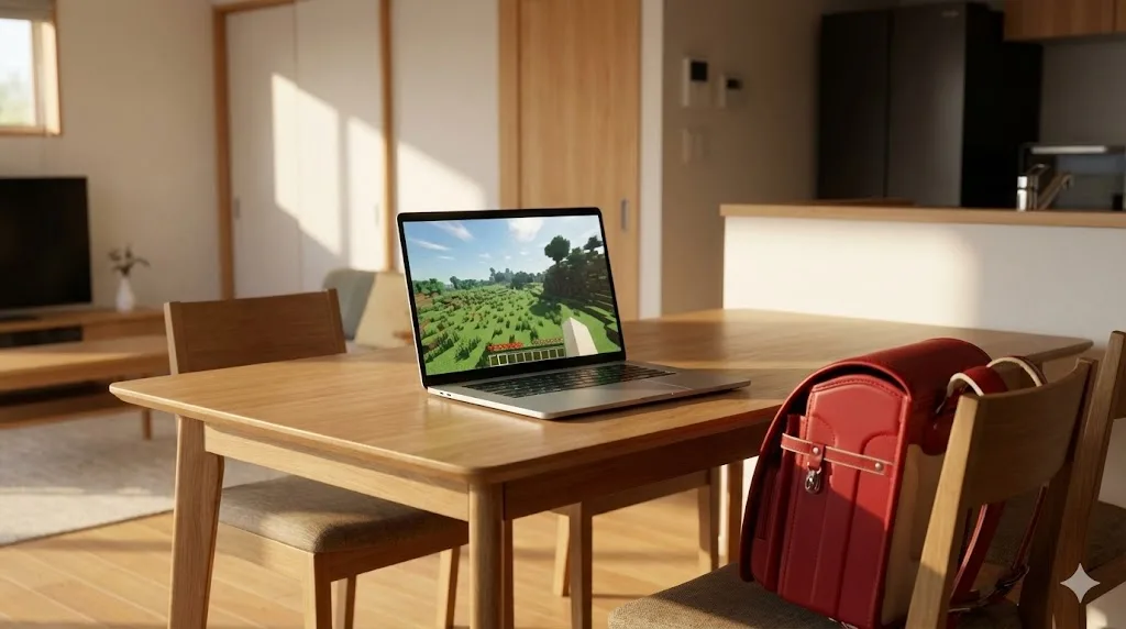 日本のリビングルームのテーブルに置かれた、ブロックゲーム画面が表示された薄型ノートパソコンとランドセル。
