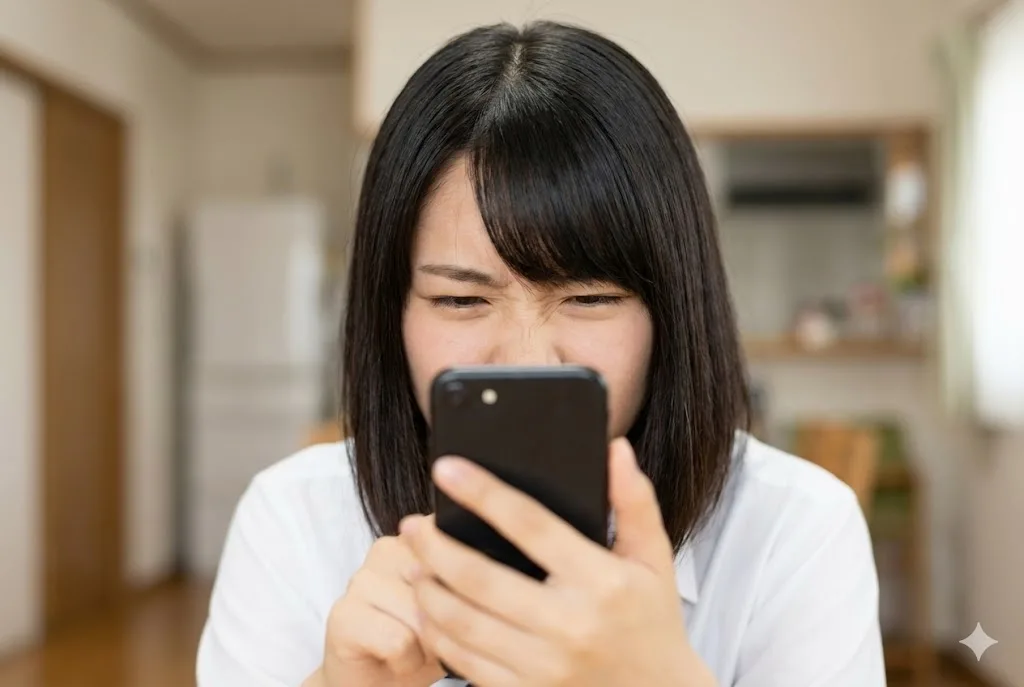 スマートフォンの小さな画面を睨みつけ、操作しづらそうに顔をしかめる女子高校生。