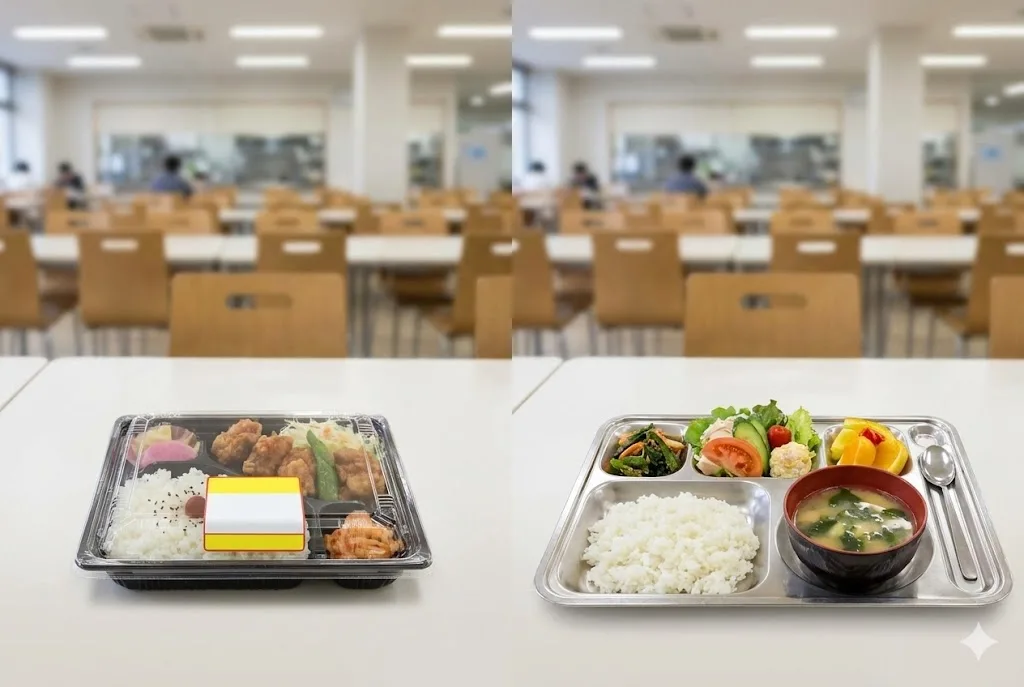 大学の食堂で、左側にコンビニ弁当、右側に豪華な定食が置かれた比較写真。
