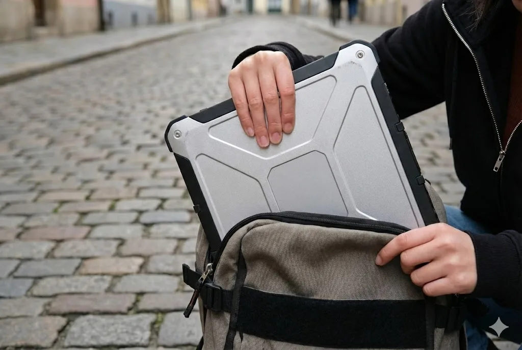 ヨーロッパの石畳の路上で、バックパックからロゴのない頑丈そうな銀色のノートパソコンを取り出している手元のクローズアップ。