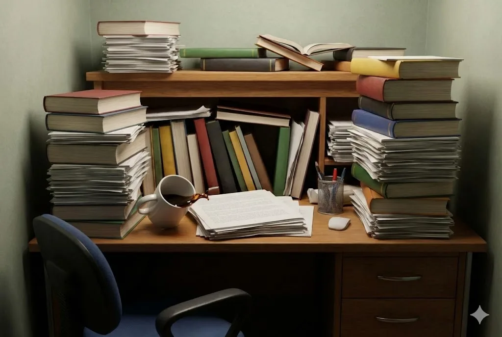 本や書類が山積みになり、今にも崩れそうなほど散らかった狭いデスク。溢れそうなコーヒーカップや雑多な文房具が置かれ、ストレスを感じさせる混沌とした作業空間のクローズアップ。