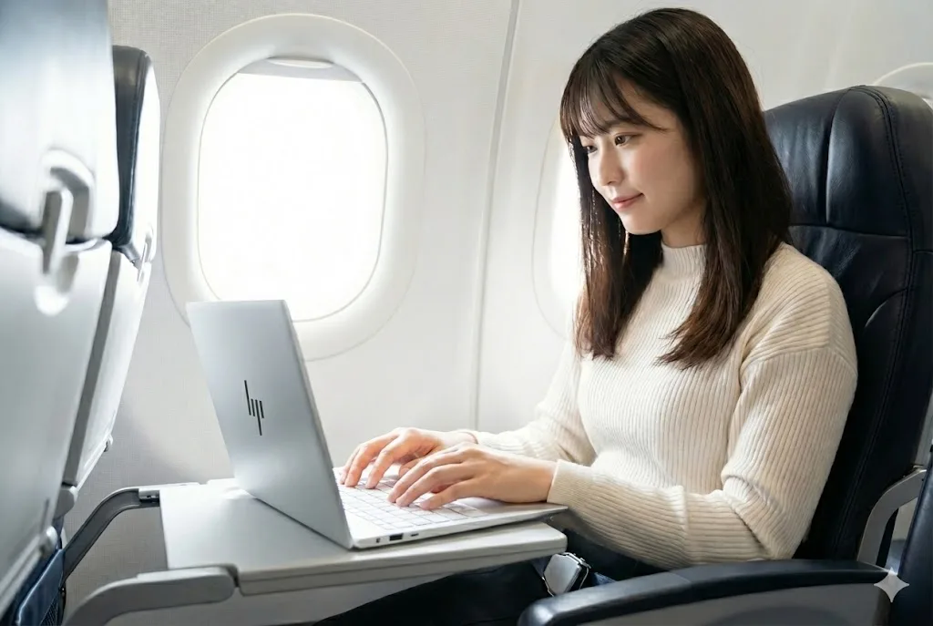 飛行機の機内で、小さなトレイテーブルに置いた4本線ロゴの白いHP OmniBook 7 Aero 13ノートパソコンを快適そうに操作している日本の女子大学生。