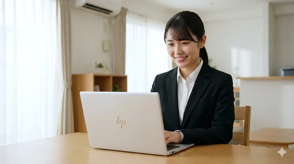明るいリビングで、天板に4本線のHPロゴが入ったコンパクトなシルバーのノートパソコンを使い、自信に満ちた笑顔でWeb面接を受けるスーツ姿の日本人女子大学生。