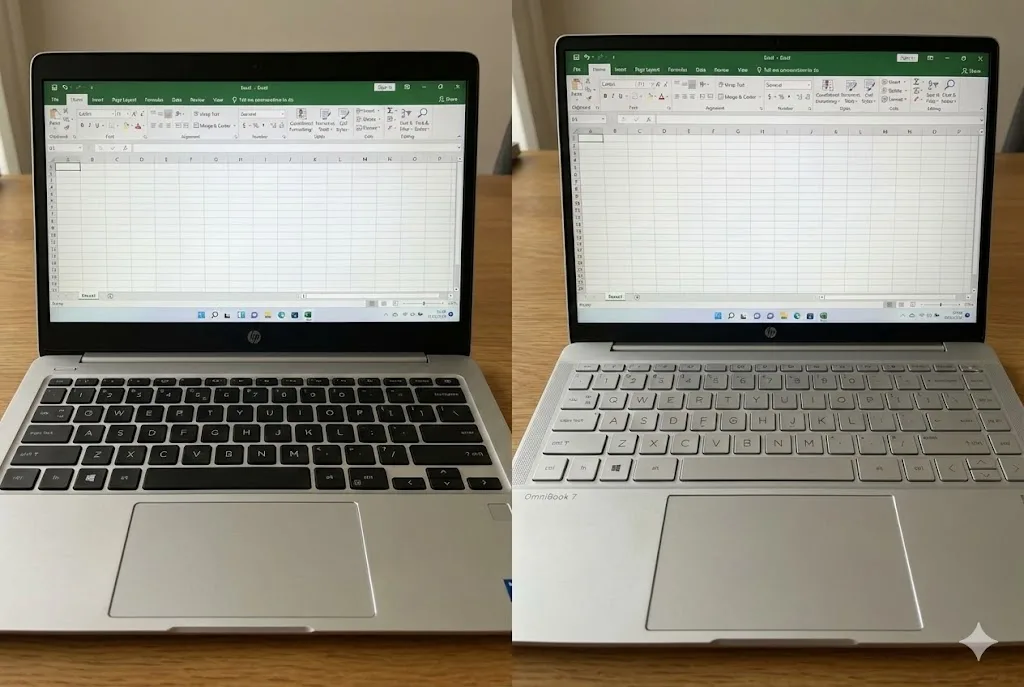 16:9の画面（左）とHP OmniBook 7 Aero 13の16:10の画面（右）で同じExcelスプレッドシートを表示した比較写真。右側の16:10画面の方がより多くの行数を一度に表示できている様子。
