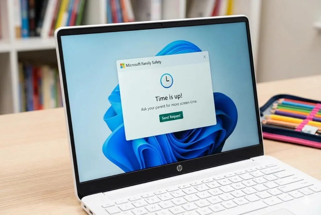 HP OmniBook 7の画面に「Time is up!」というMicrosoft Family Safetyの制限メッセージが表示されている。子供が勝手に使いすぎないよう、システムが強制的にロックをかけた様子。