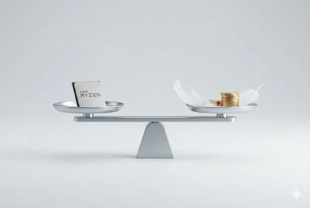 天秤の片方にRyzenチップ、もう片方に羽根と硬貨が載り、軽さとコストパフォーマンスが完全に釣り合っている様子。
