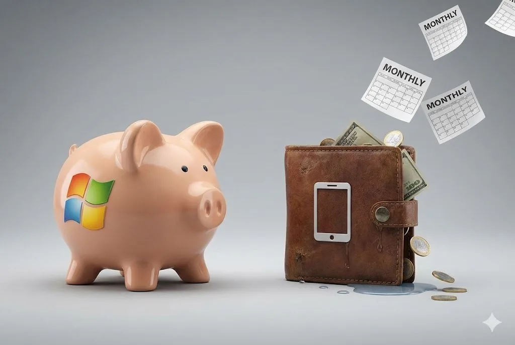 Windowsロゴが付いた貯金箱（買い切り）と、タブレットのアイコンがあり「MONTHLY」と書かれたカレンダーとお金が漏れ出ている財布（月額課金）の比較イメージ。