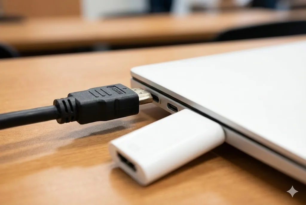 大学の教室の机で、USB-Cポートしかない薄型ノートパソコンにHDMIケーブルが挿さらず、変換アダプタがぶら下がっている様子。