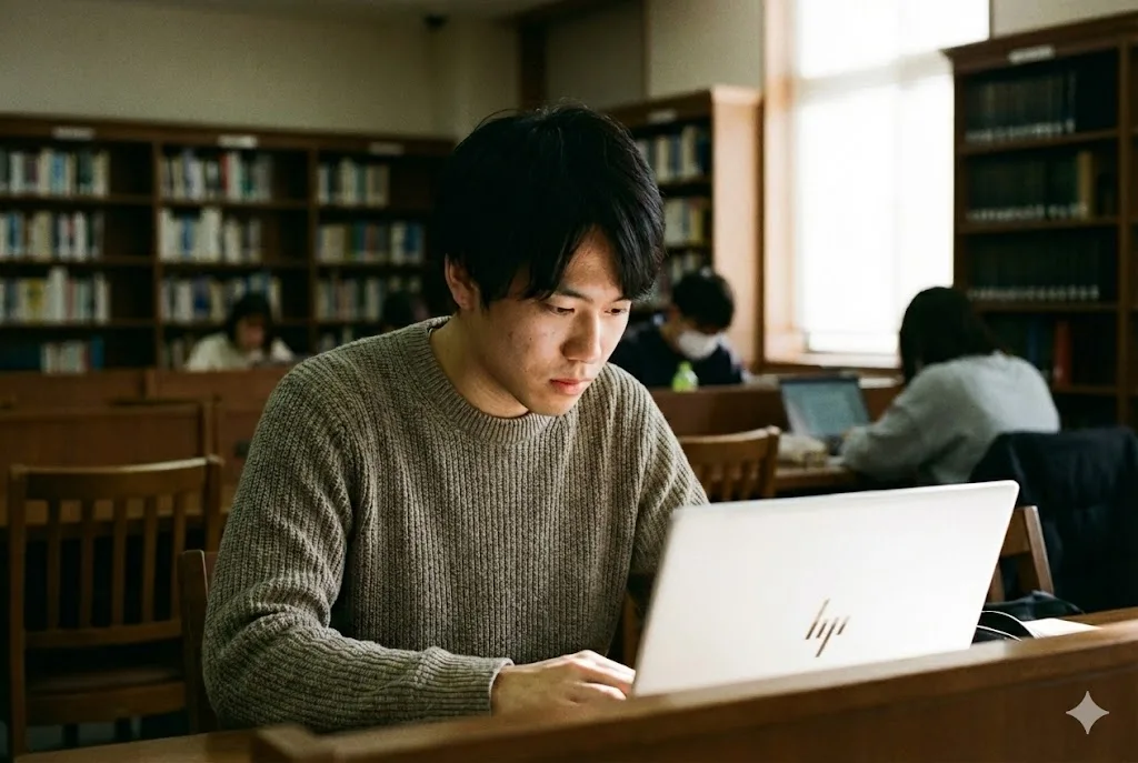 大学の図書館で、4本線ロゴが特徴的なセラミックホワイトのHP OmniBook 7 Aero 13に向かい、真剣な表情で作業に集中する男子学生。画面の光が顔を照らしている。