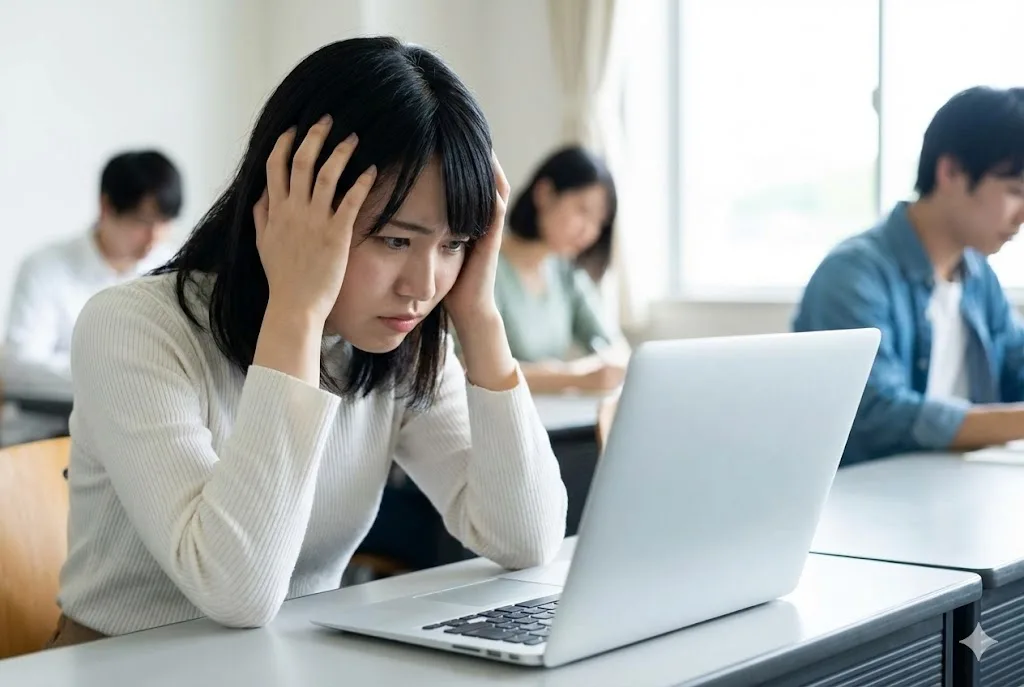 大学の教室で、画面がフリーズして動かないノートパソコンの前で頭を抱えてイライラしている日本の女子学生。