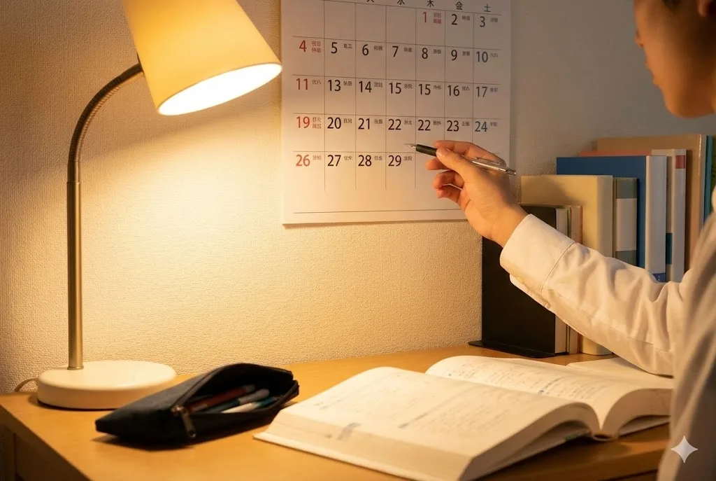 日本の学生の学習机で、温かい光の中、カレンダーの日付をペンで指し示しながらスケジュールを確認する手元のクローズアップ。