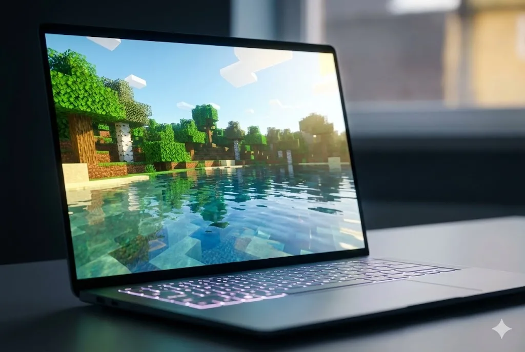 美しい光と水の反射が描写されたブロックゲームの映像を表示している、薄型ノートパソコンの画面クローズアップ。