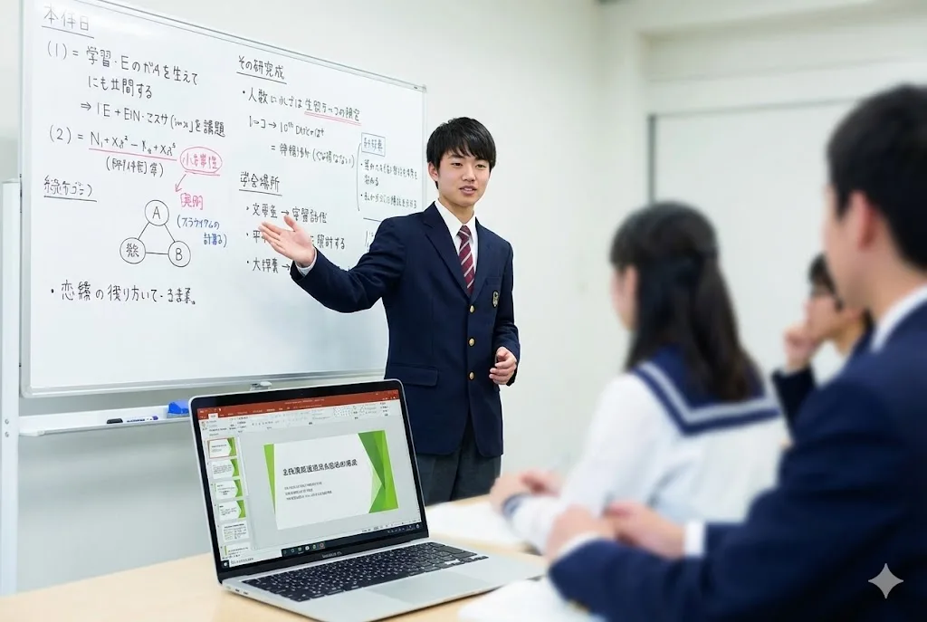 教室でホワイトボードの前に立ち、自信を持ってプレゼンテーションを行う男子高校生。手前にはノートパソコンがある。