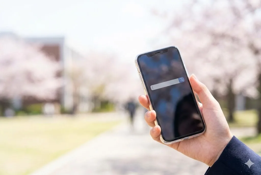 桜が咲く大学キャンパスで、検索画面が表示されたスマートフォンを持つ手元のクローズアップ。