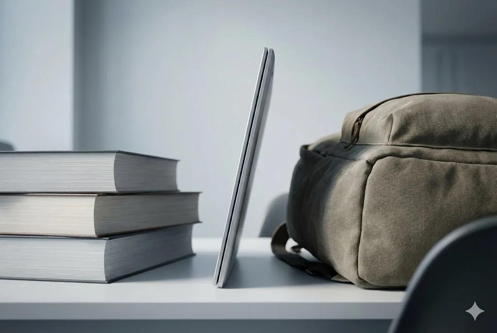 非常に薄いノートパソコンが垂直に置かれ、その隣にある分厚い教科書の山と大きなリュックサックとで、圧倒的な薄さと軽さが比較されている。