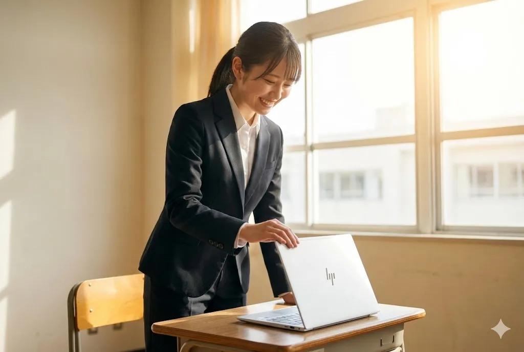面接が成功し、安堵と喜びの表情でHP OmniBook 7 Aero 13を閉じて立ち上がるスーツ姿の日本人女子大学生。窓から差し込む暖かな日差し。