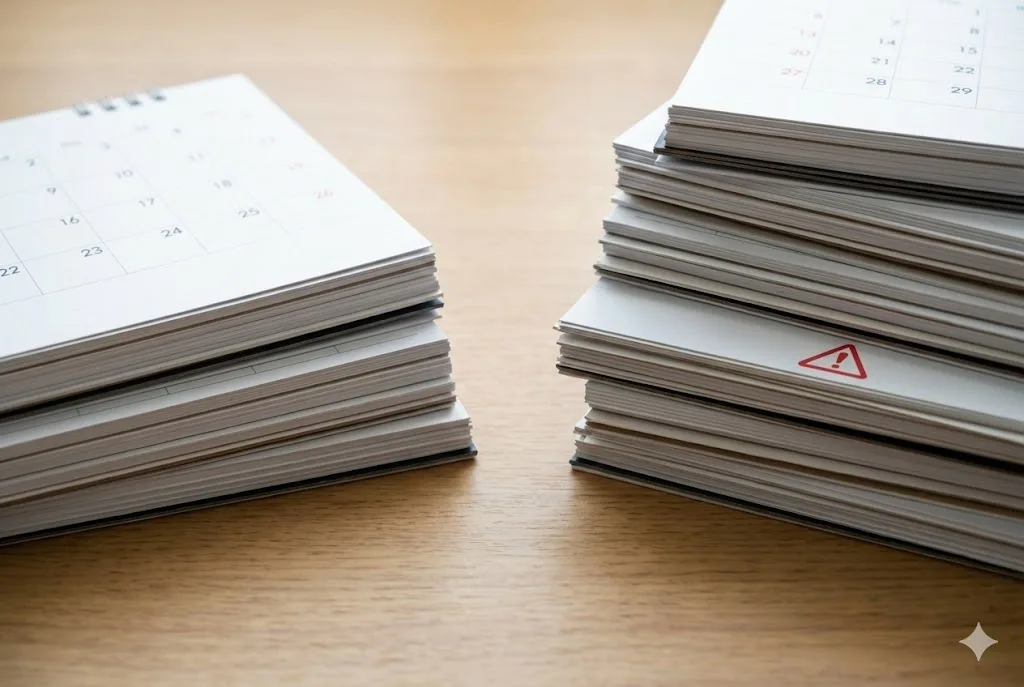 机の上に4年分のカレンダーの山と6年分のカレンダーの山が並んでおり、6年分の山の4年目の位置に赤い警告マークが挟まっている、PCの買い替えリスクを示唆するコンセプト画像。