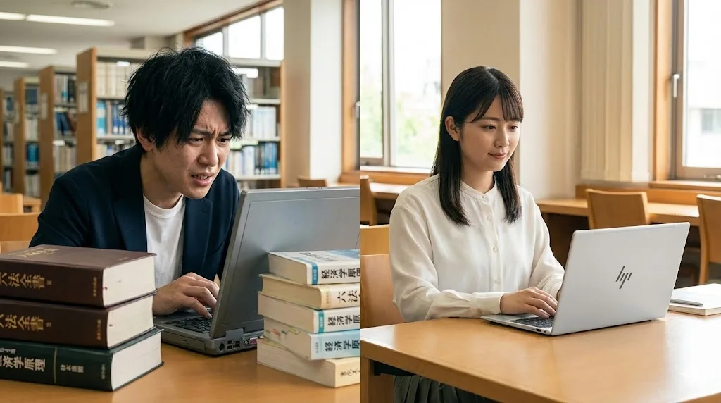 日本の大学図書館で、分厚い法律書や経済書に囲まれてストレスを感じながら古いノートパソコンを操作する男子学生と、スリムなHP OmniBook 7 Aero 13を使って快適に勉強する女子学生の対比写真。
