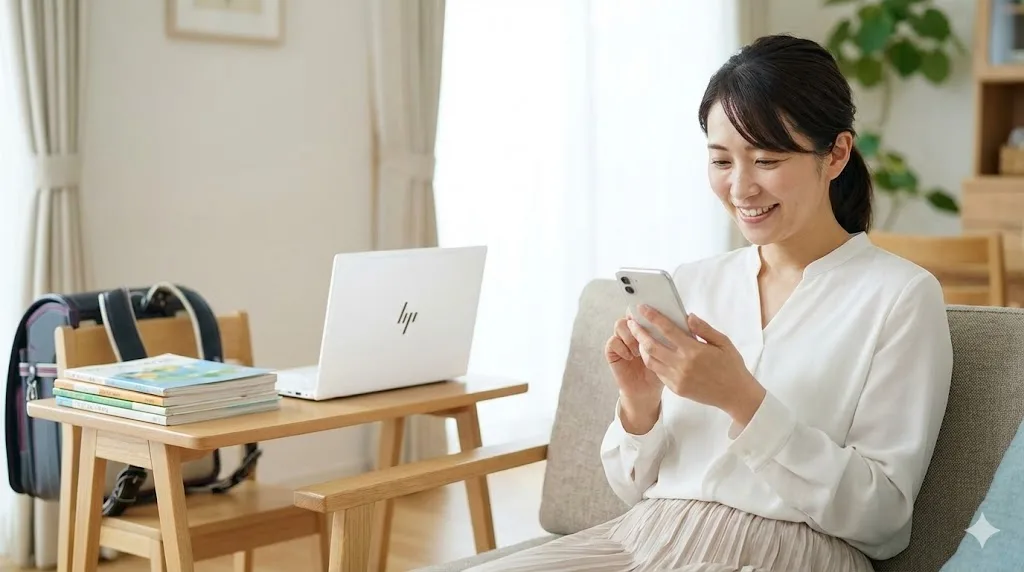 リビングのソファでスマホを見て微笑む女性。傍らの机には白いHP OmniBook 7とランドセルが置かれ、安心して子供のPC利用を見守れる様子が表現されている。