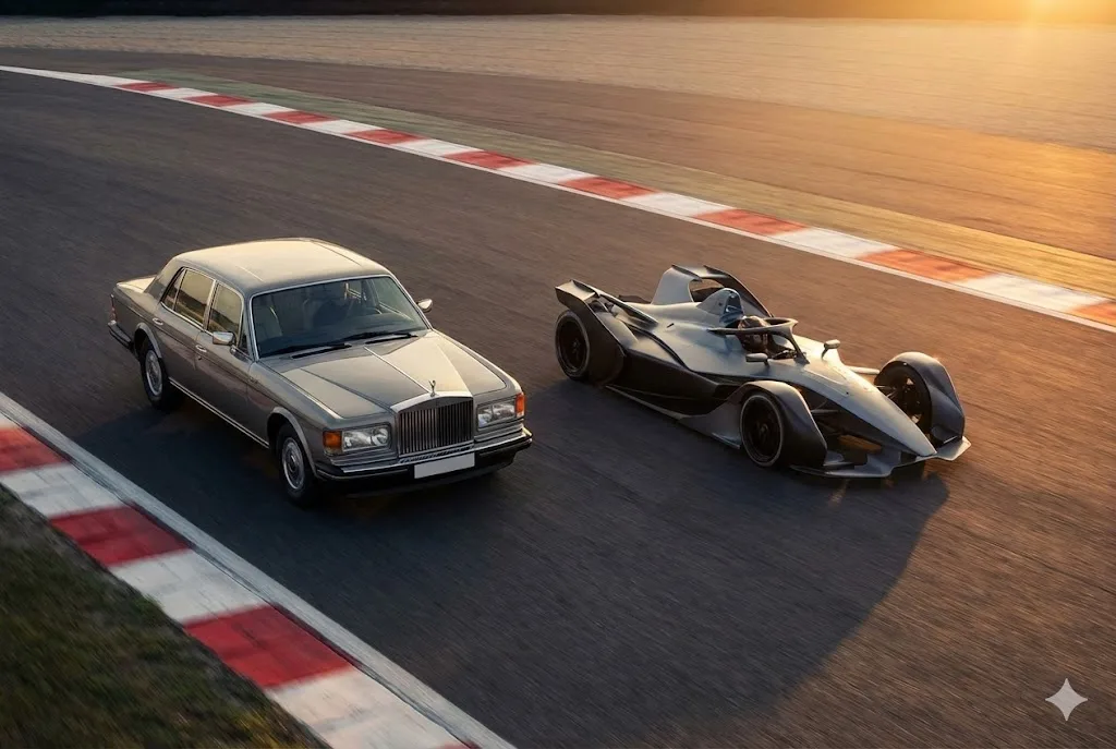 サーキットで競走する、旧時代の高級セダン（Intelの比喩）と最新の電動レーシングカー（Ryzenの比喩）。