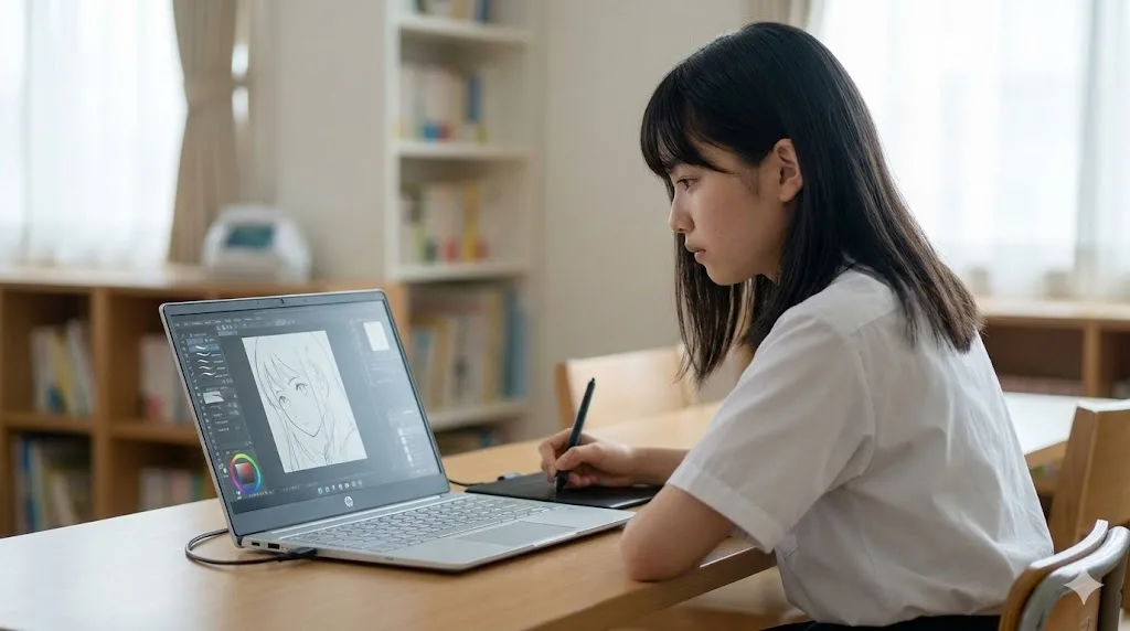 女子中学生が、明るい部屋でHPのノートパソコンに接続したワコムのペンタブレットを使い、良い姿勢で真剣にイラストを描いている様子。