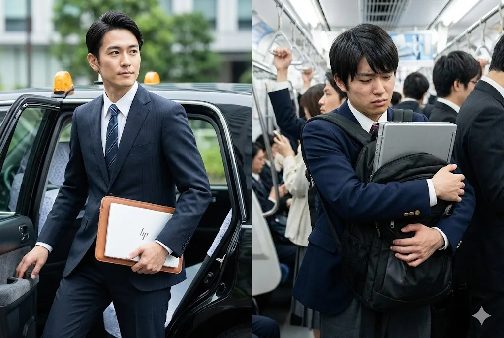 左側はタクシーから非常に薄いHP OmniBookをスマートに持ち出すビジネスマン、右側は満員電車で分厚いPCが入ったリュックを抱え苦しむ学生の対比写真。