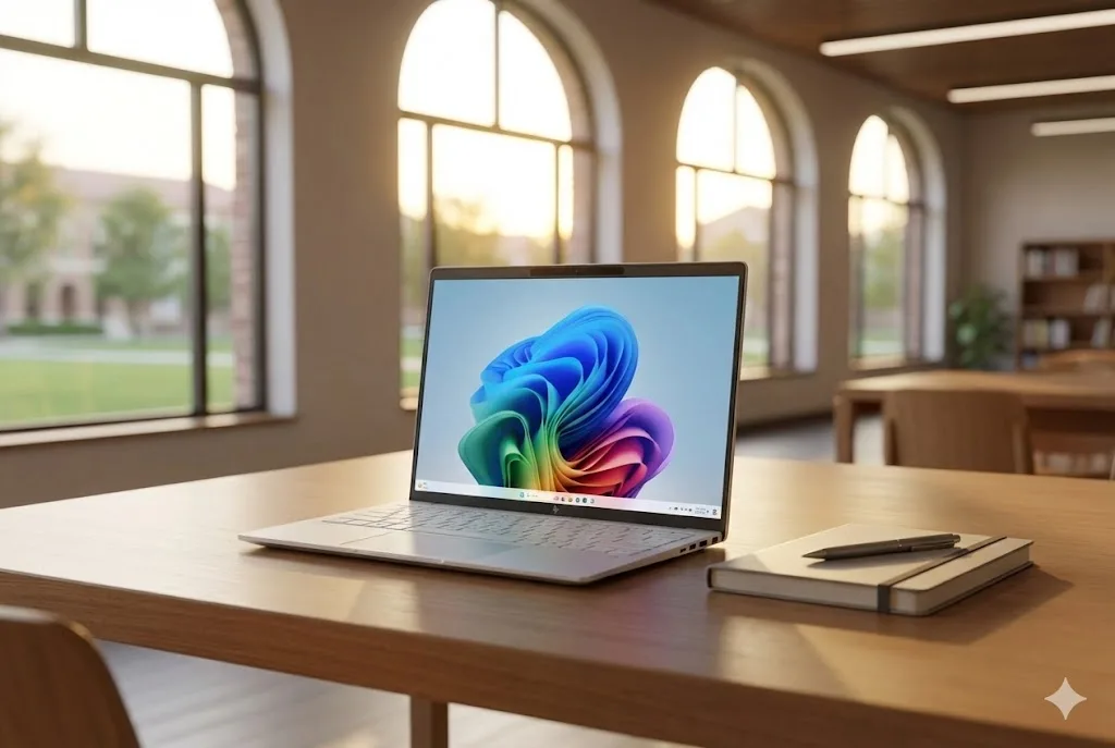 大きなアーチ型の窓から明るい光が差し込む大学の図書館で、整理された木製の机の上に置かれたHP OmniBook 7。隣にはノートとペンがあり、知的で理想的な学習環境が表現されている。