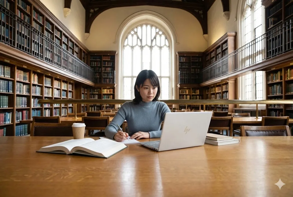 壮大な大学図書館で、4本線ロゴが入った銀色のHP OmniBook 7 Aero 13ノートパソコンに向かい、真剣な表情で論文執筆に取り組む日本の女子大学生。