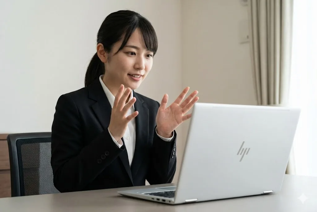 オンライン面接でプレゼンテーションを行う日本人女子大学生。安定した接続で、天板に4本線のHPロゴが入ったコンパクトなシルバーのモバイルノートパソコンに向かい、身振り手振りを交えて熱心に話す様子。