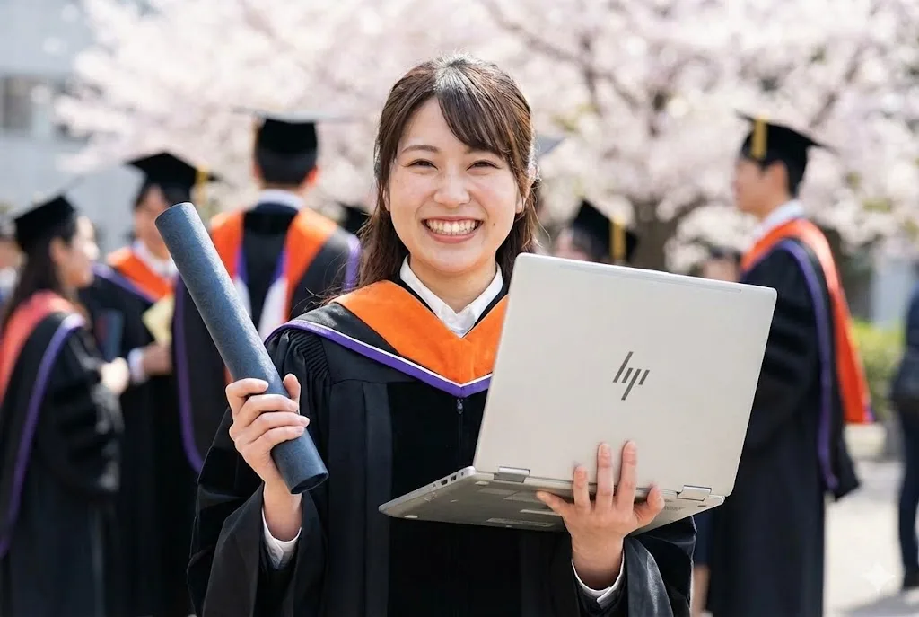 卒業式の会場で、アカデミックガウンを着た日本の女子薬学生が学位記を片手に、もう一方の手で6年間使い込まれたHP OmniBook 7 Aero 13ノートパソコンを持って満面の笑みを浮かべている。
