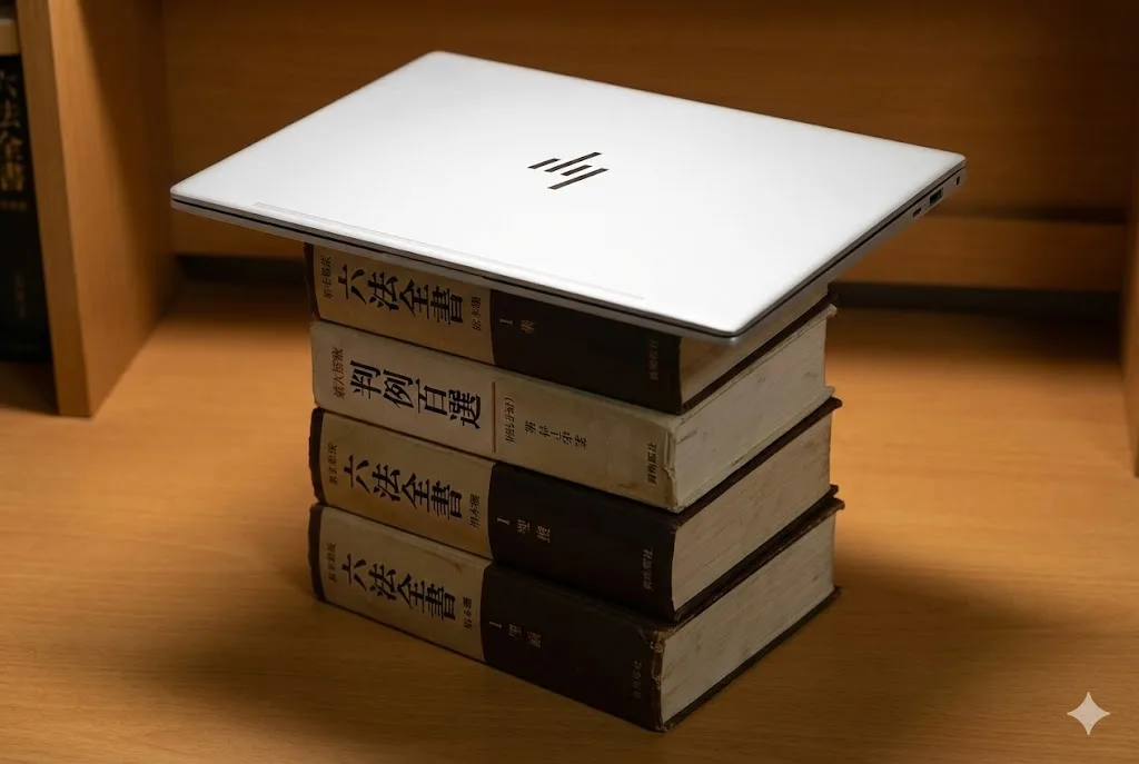 積み上げられた分厚い日本の法律書（六法全書や判例百選）の上に、薄型軽量のHP OmniBook 7 Aero 13がバランスよく置かれている静物写真。