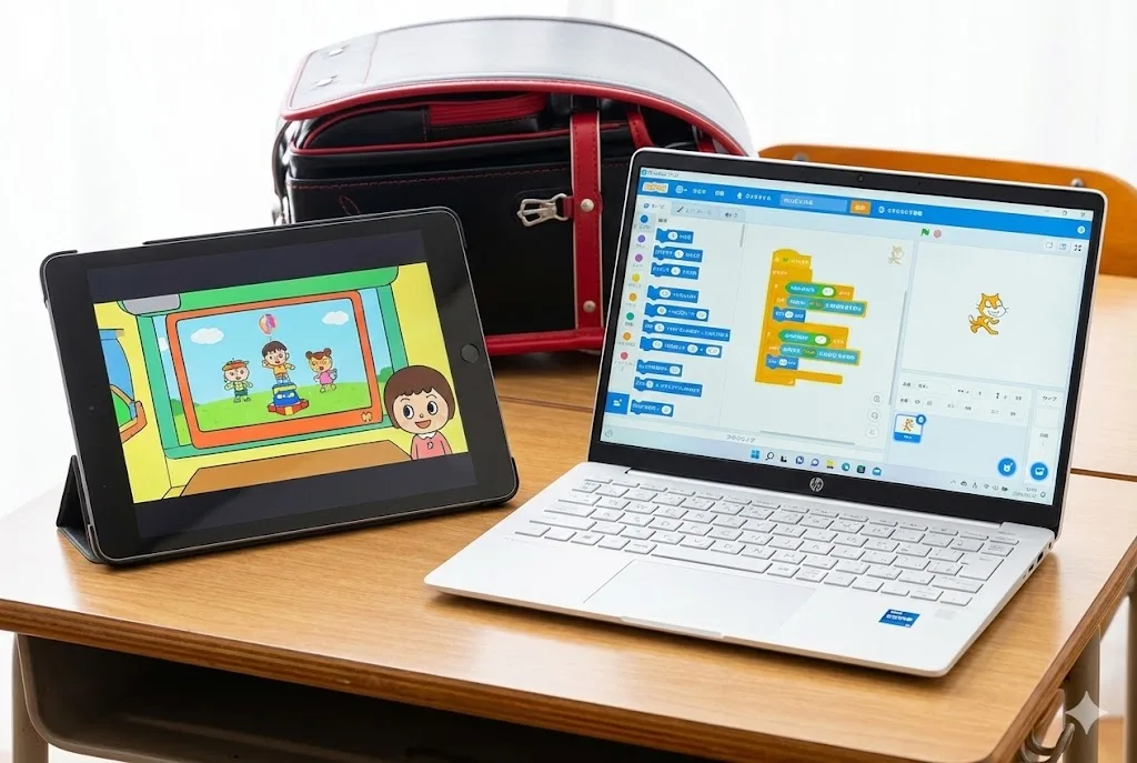 机の上でアニメを流すタブレットと、プログラミング画面を開いたHP OmniBook 7の比較。背後にはランドセルがあり、受動的なタブレットと能動的なPCの使い方の違いを対比させている。