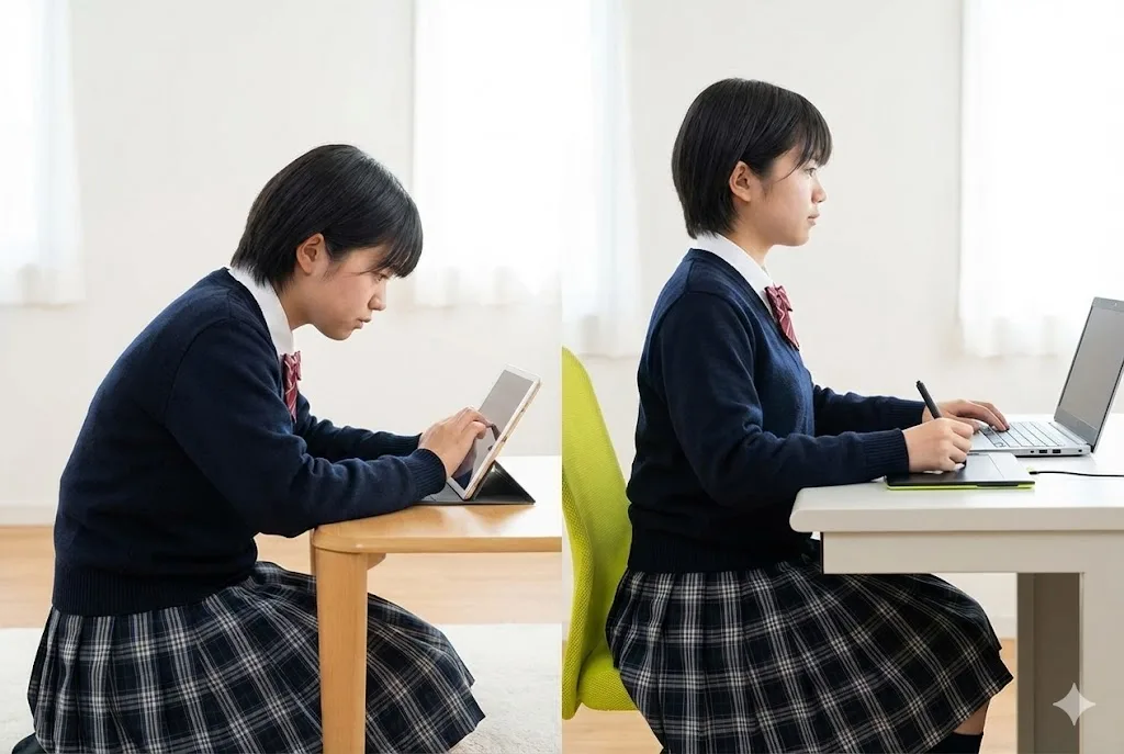 左側はタブレットで猫背になって描いている学生、右側は板タブとノートPCで背筋を伸ばして良い姿勢で描いている同じ学生の比較写真。